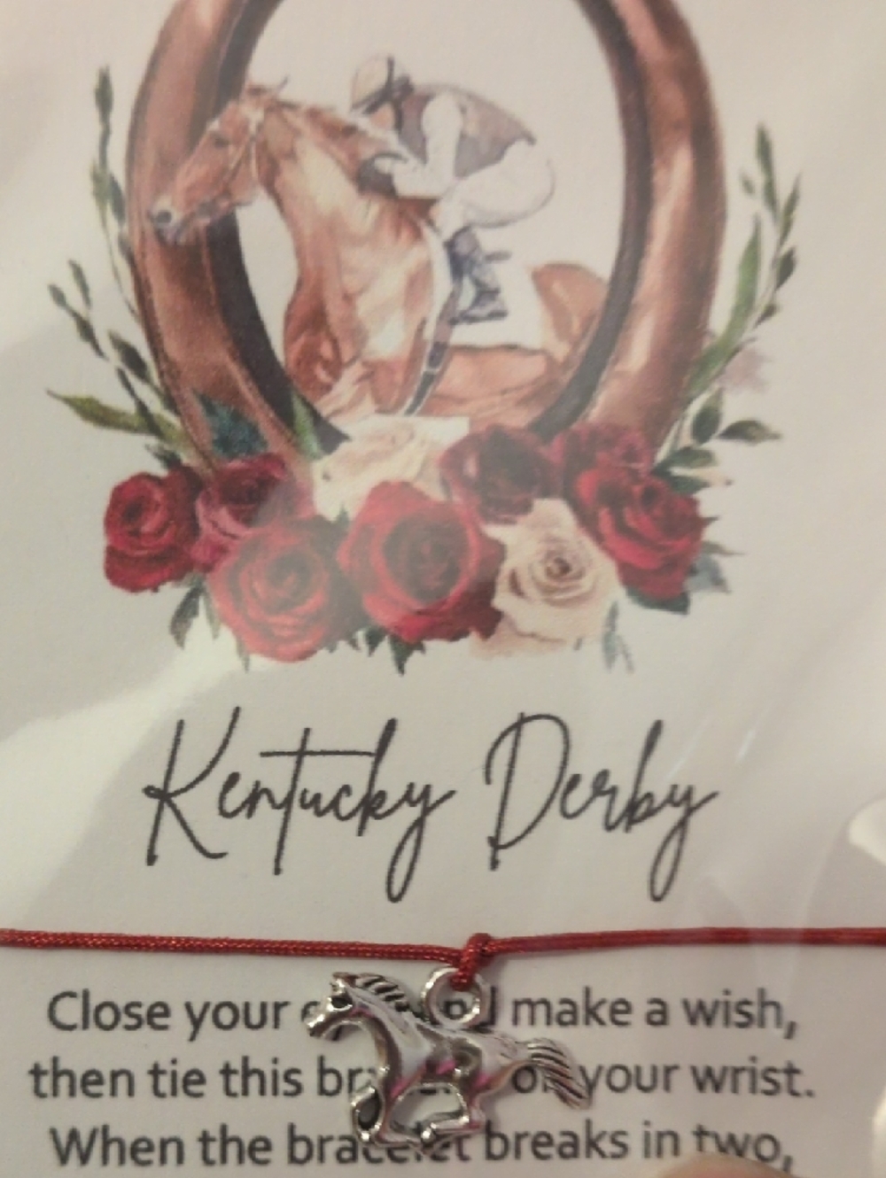 Kentucky Derby Red String Bracelet with Silver Horse Charm - Picture 4 of 4